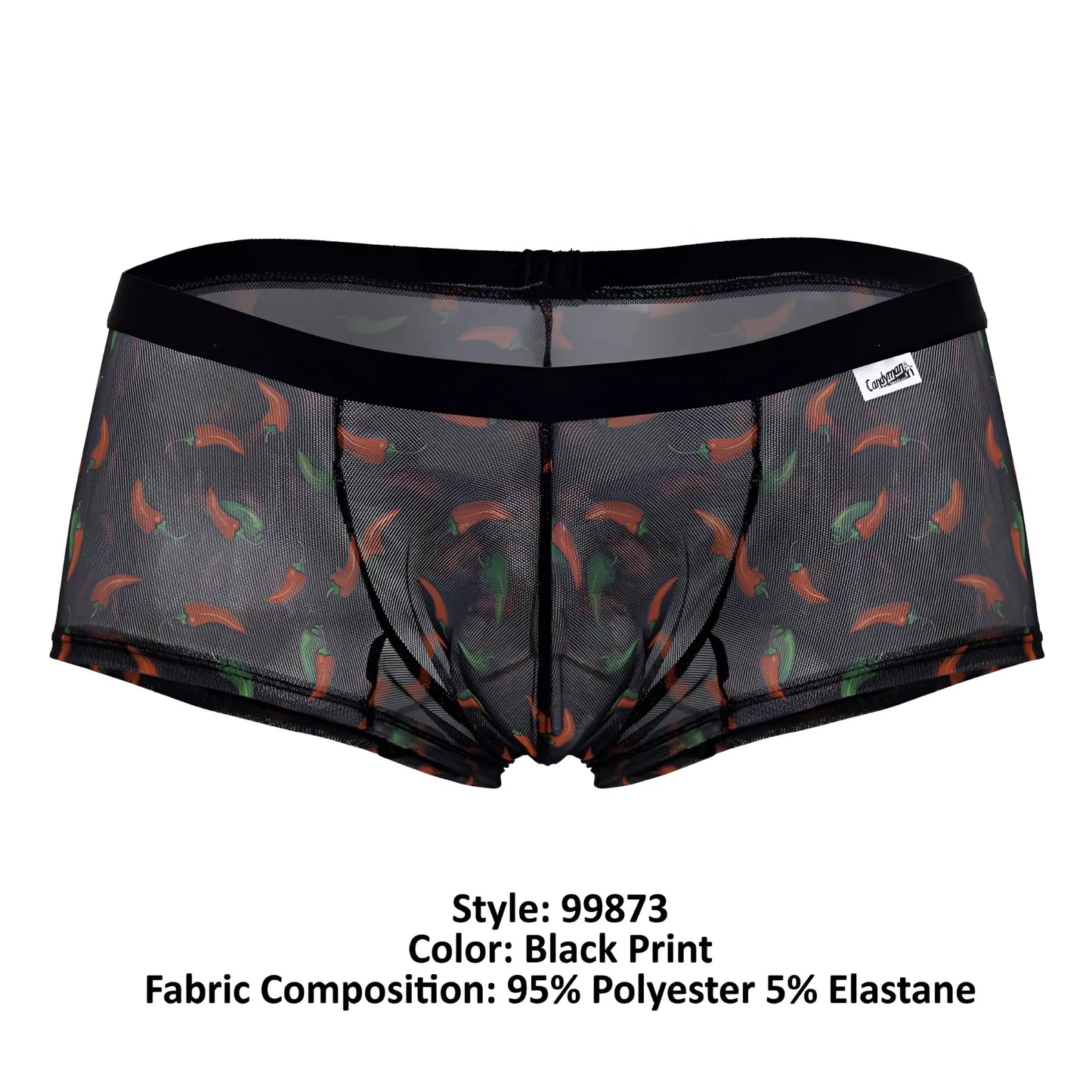 Black mesh CandyMan 99873 chili pepper trunks featuring vibrant orange and green chili pepper print