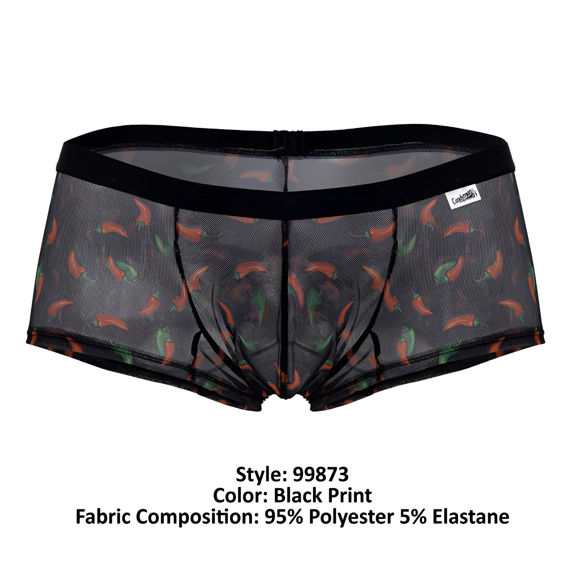 Black mesh CandyMan 99873 chili pepper trunks featuring vibrant orange and green chili pepper print