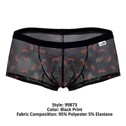 Black mesh CandyMan 99873 chili pepper trunks featuring vibrant orange and green chili pepper print