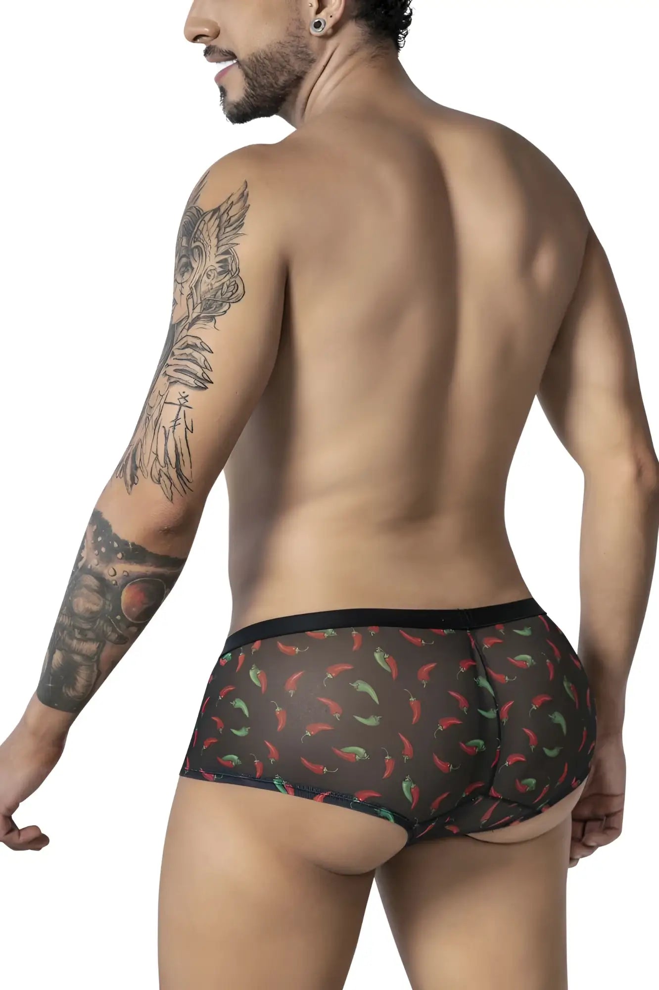 Black mesh briefs candyMan 99873 chili pepper trunks with vibrant red and green chili pepper print