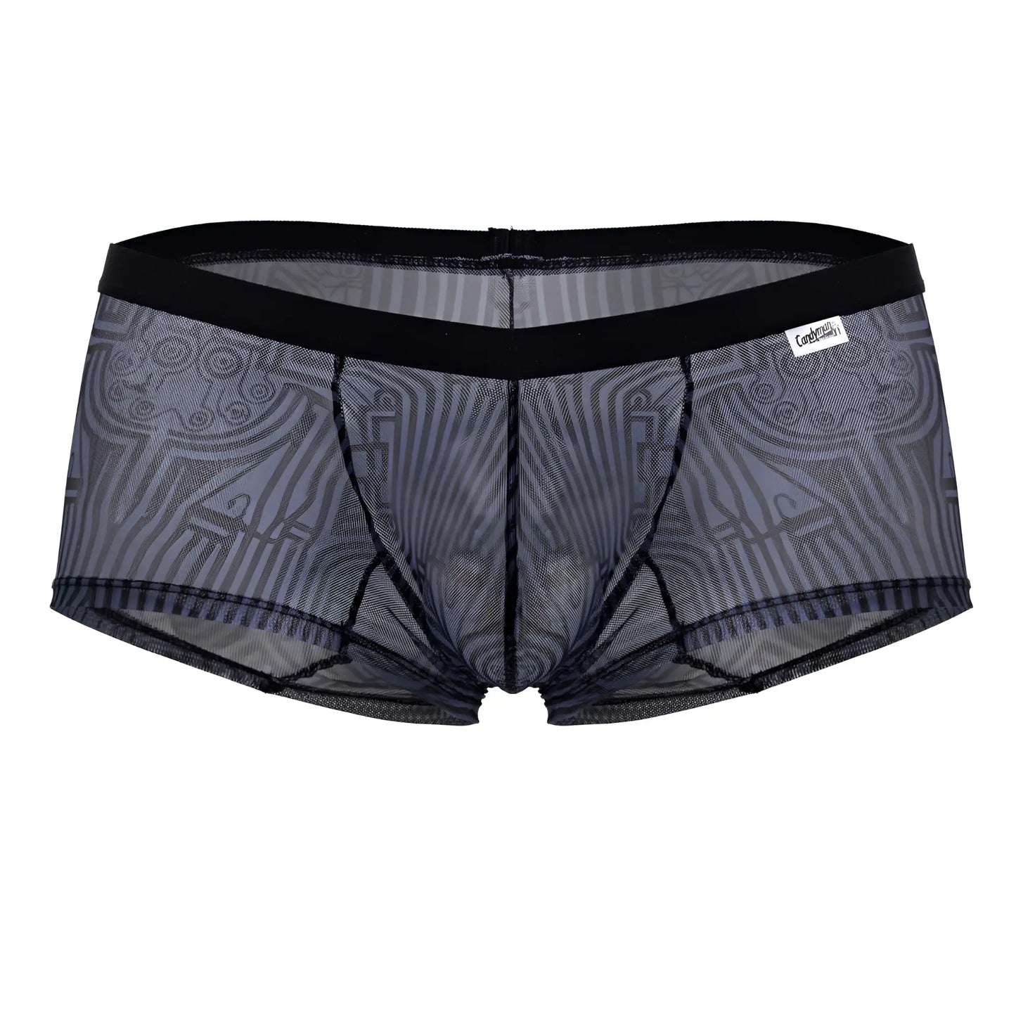 Black mesh CandyMan 99873 Egyptian trunks with gray geometric pattern and reinforced black elastic waistband