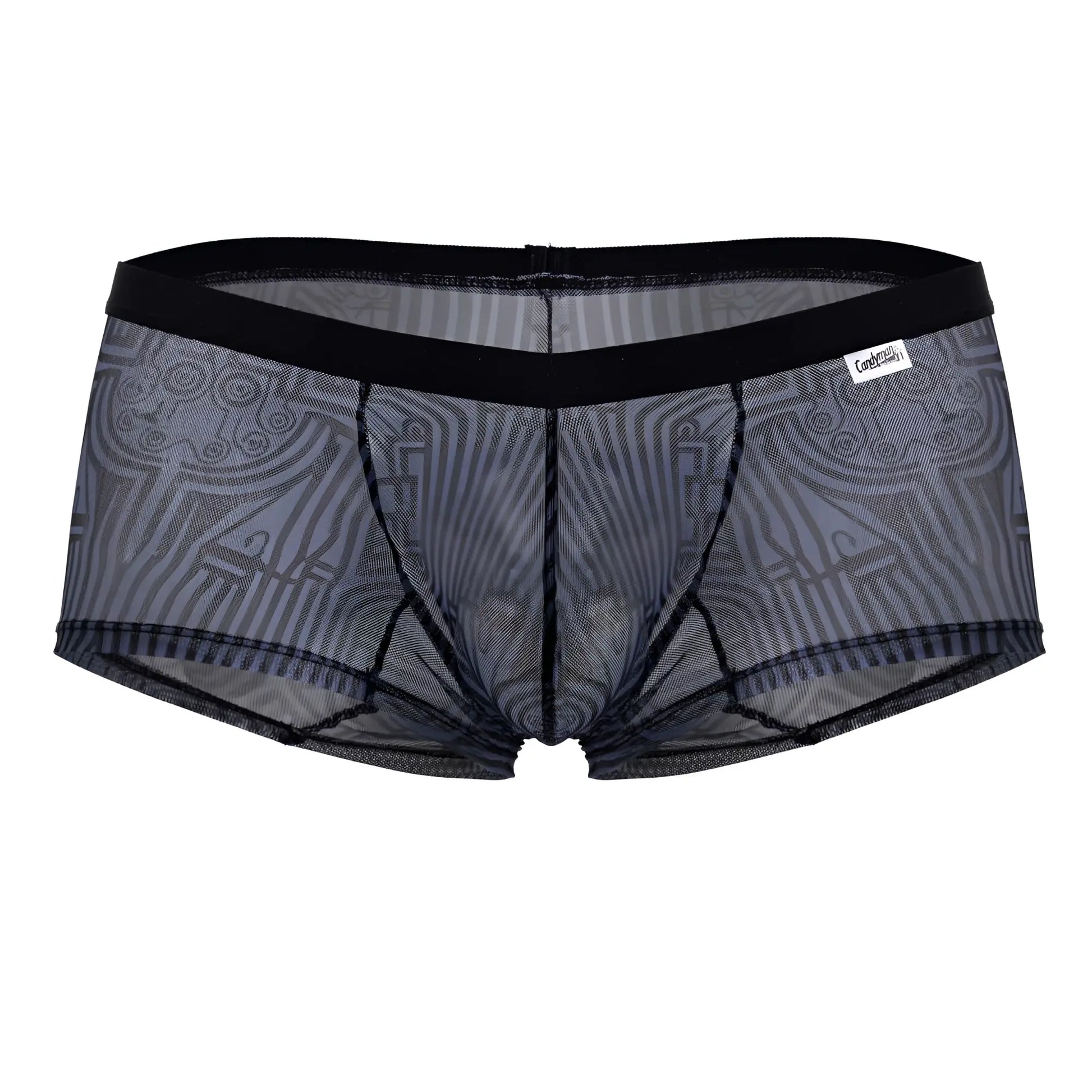 Black mesh CandyMan 99873 Egyptian trunks with gray geometric pattern and reinforced black elastic waistband