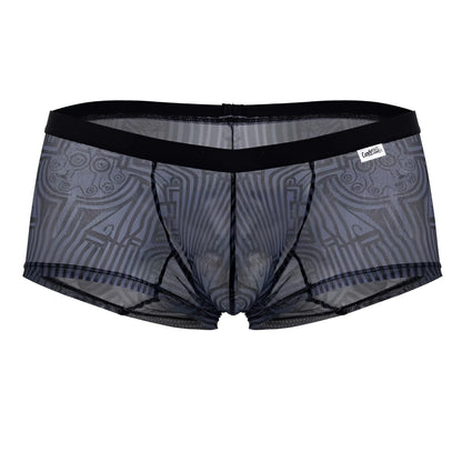 Black mesh CandyMan 99873 Egyptian trunks with gray geometric pattern and reinforced black elastic waistband