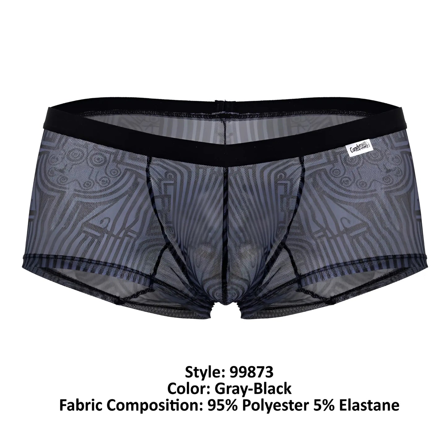 Gray-black sheer mesh briefs with black elastic waistband and intricate geometric patterns candyMan 99873 egyptian trunks