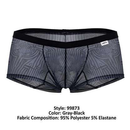 Gray-black sheer mesh briefs with black elastic waistband and intricate geometric patterns candyMan 99873 egyptian trunks