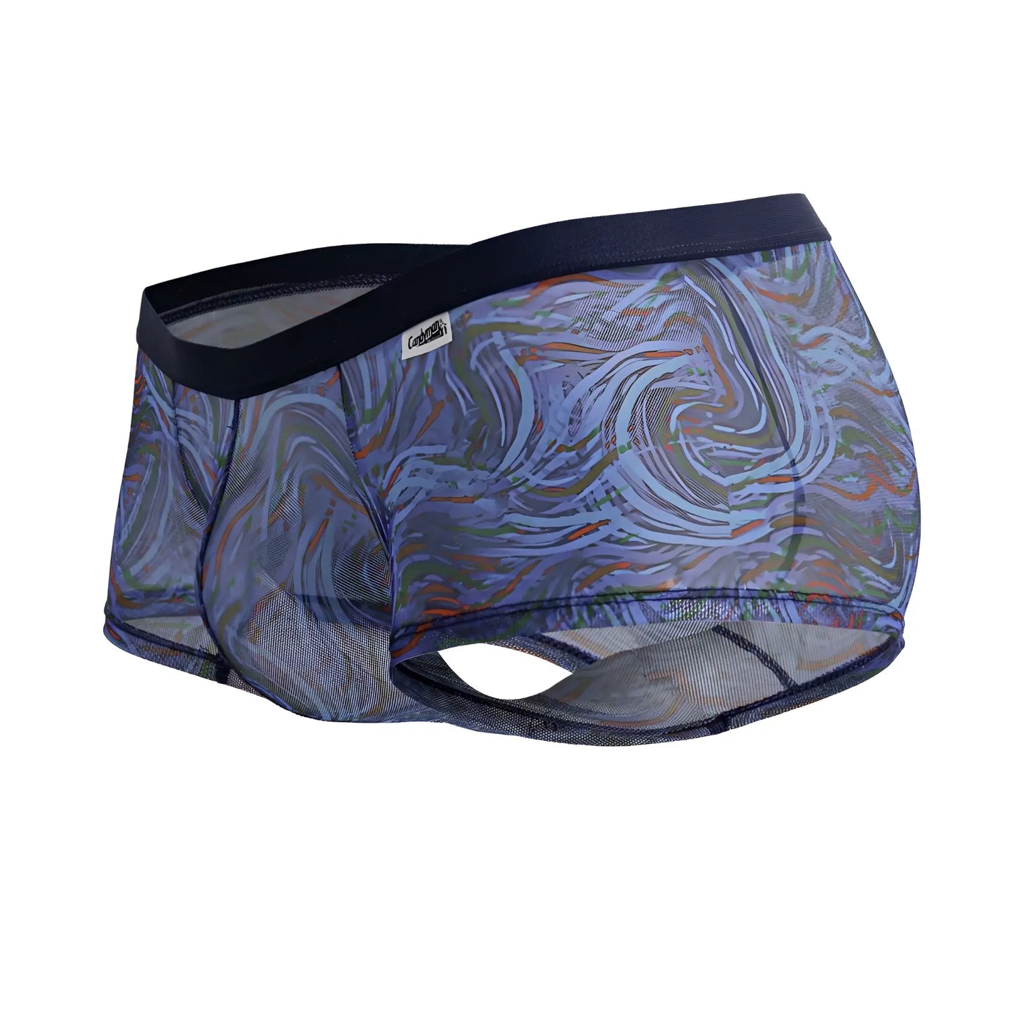 Blue and gray patterned mens briefs with swirling abstract design and black elastic waistband candyMan 99873 seawater trunks