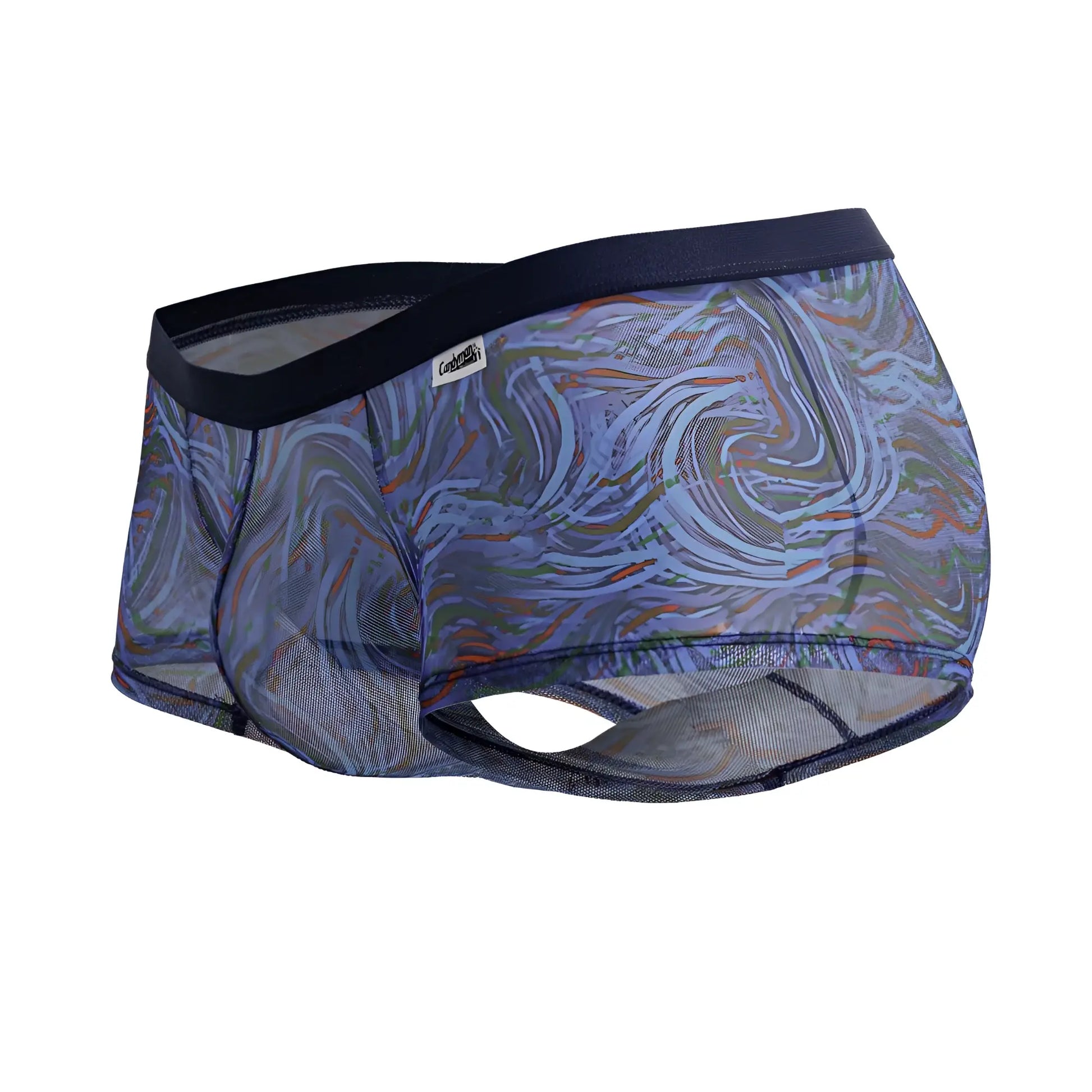Blue and gray patterned mens briefs with swirling abstract design and black elastic waistband candyMan 99873 seawater trunks