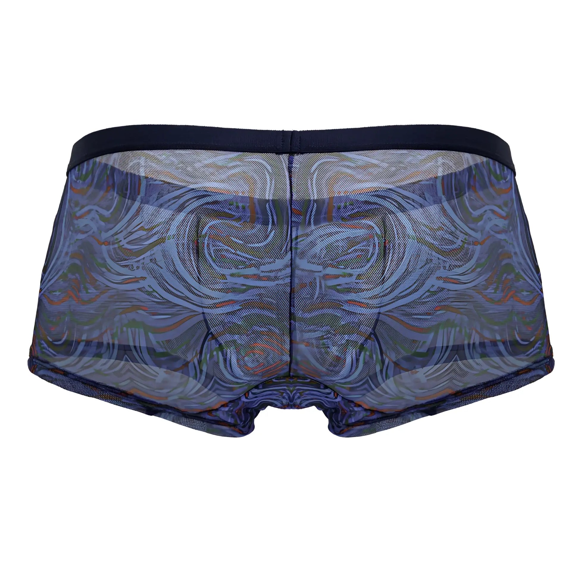 CandyMan 99873 seawater trunks multicolor print blue and gray patterned mesh briefs with dark navy waistband