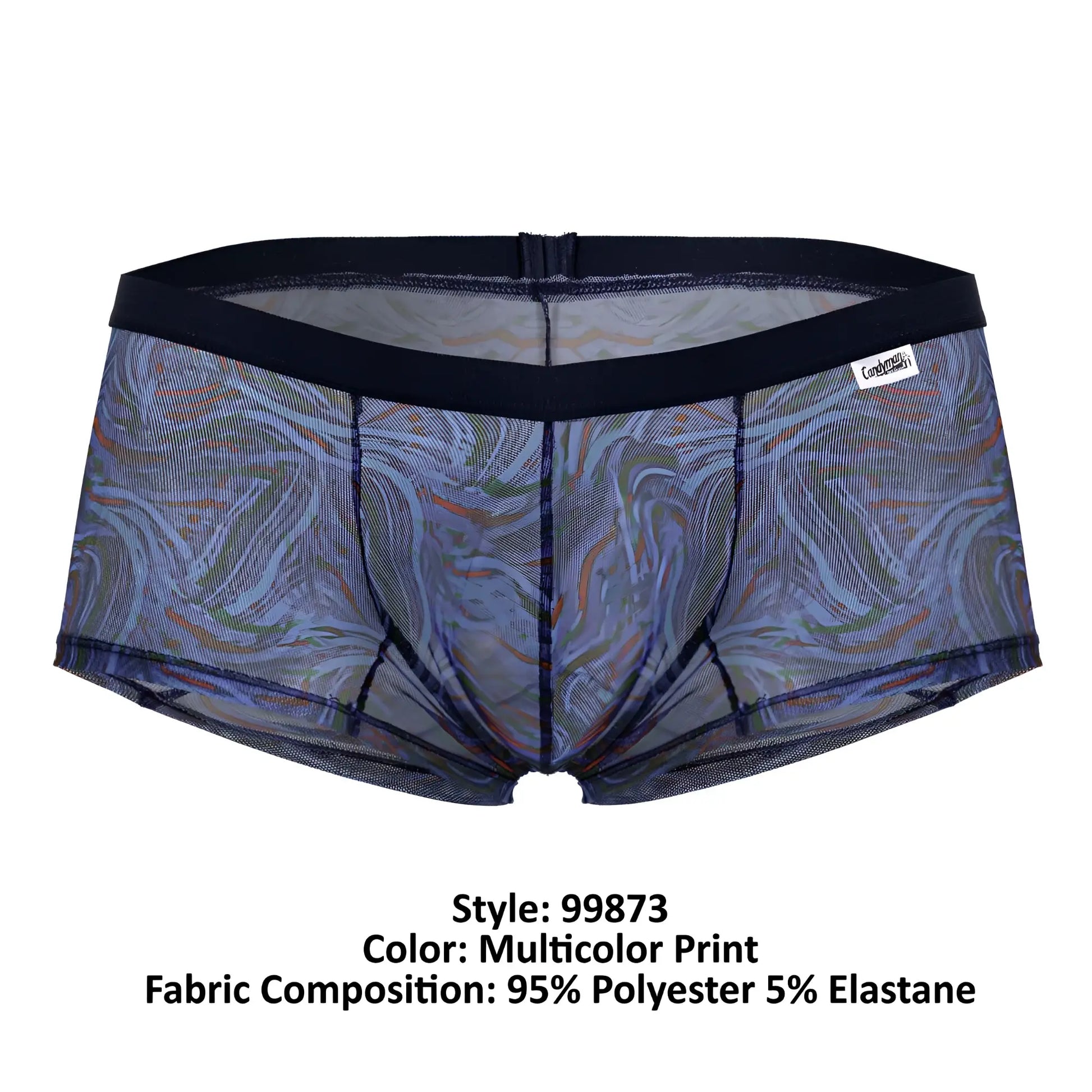 CandyMan 99873 seawater trunks multicolor print mesh briefs with multicolored marbled pattern and black waistband