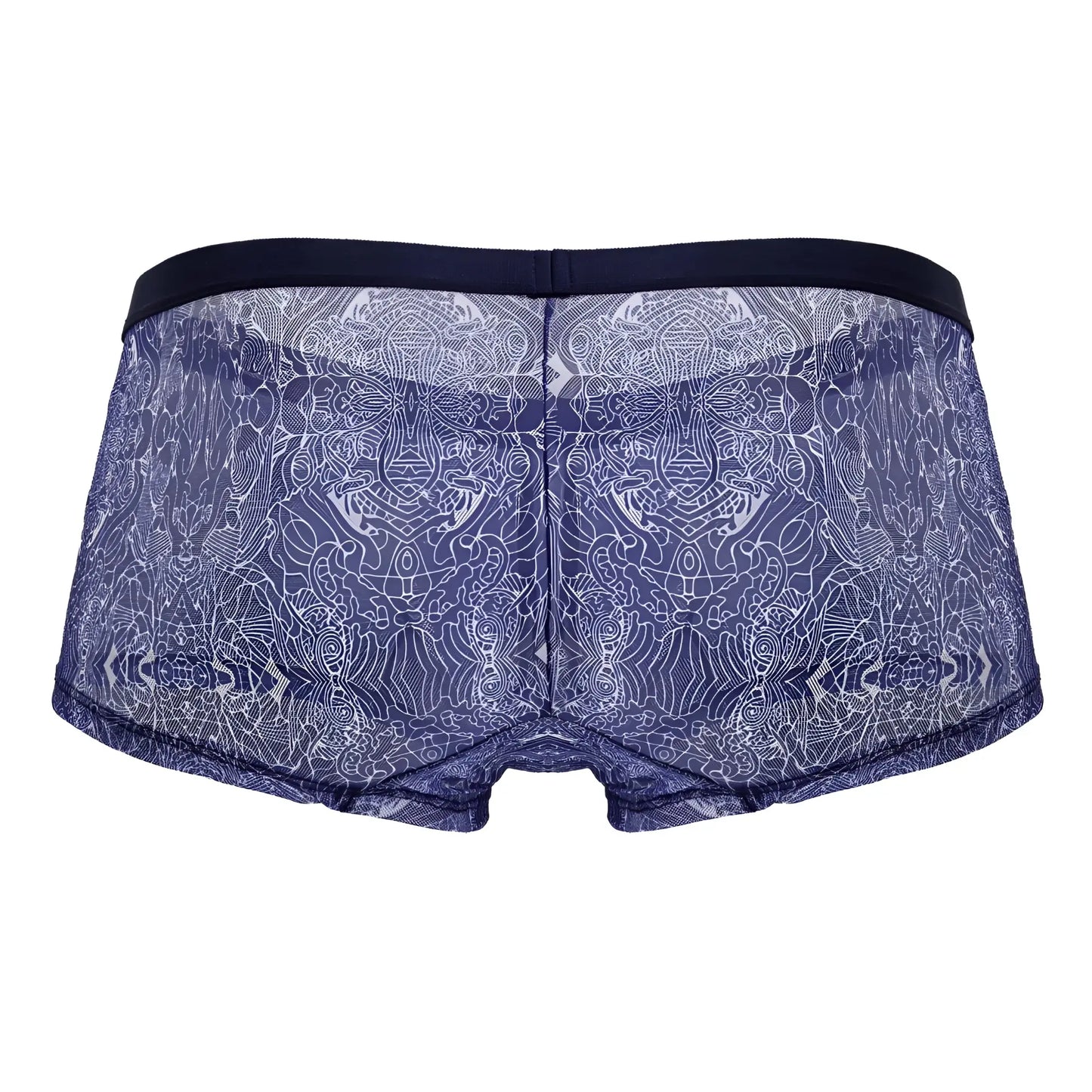 Blue white CandyMan 99873 water prints lace boxer briefs with intricate pattern and solid navy waistband