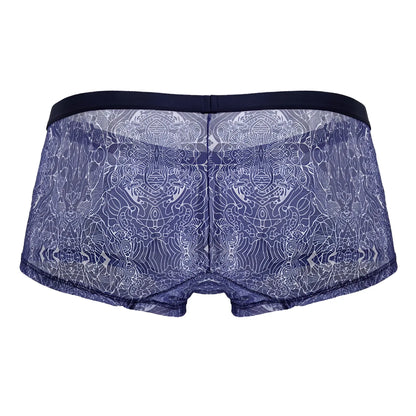 Blue white CandyMan 99873 water prints lace boxer briefs with intricate pattern and solid navy waistband