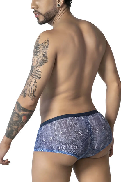 Blue lace-patterned CandyMan 99873 water prints men’s briefs with dark blue waistband in blue-white color