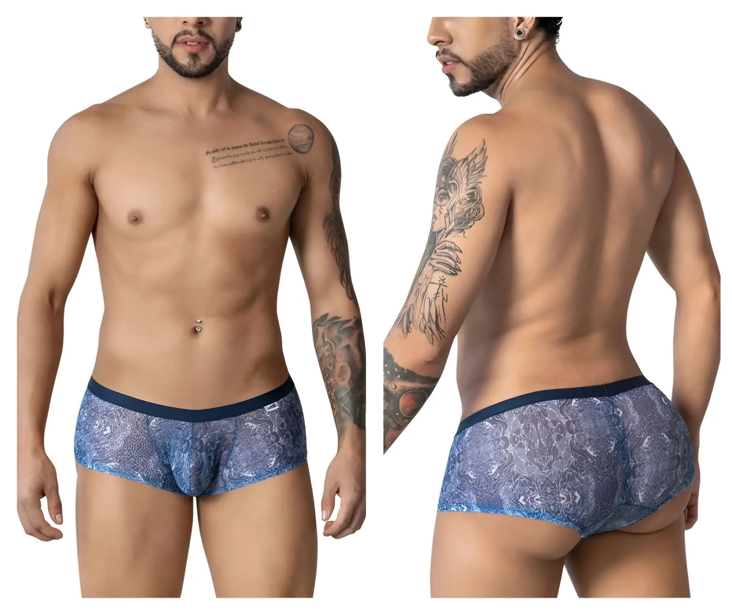 CandyMan 99873 blue white trunks with blue lace pattern and solid navy waistband for men’s underwear