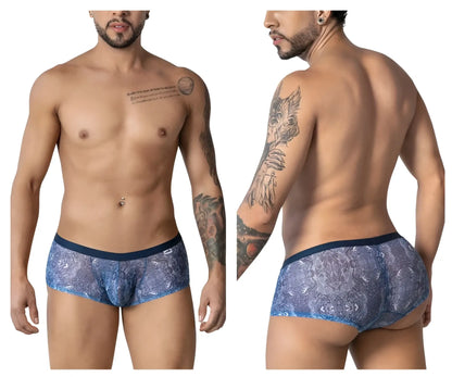 CandyMan 99873 blue white trunks with blue lace pattern and solid navy waistband for men’s underwear
