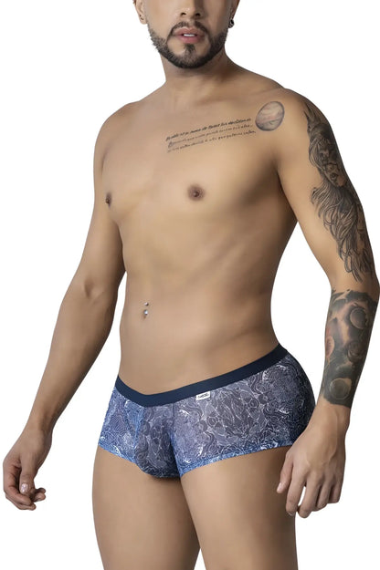 Blue patterned briefs candyMan 99873 water prints trunks with dark blue waistband in blue and white colors