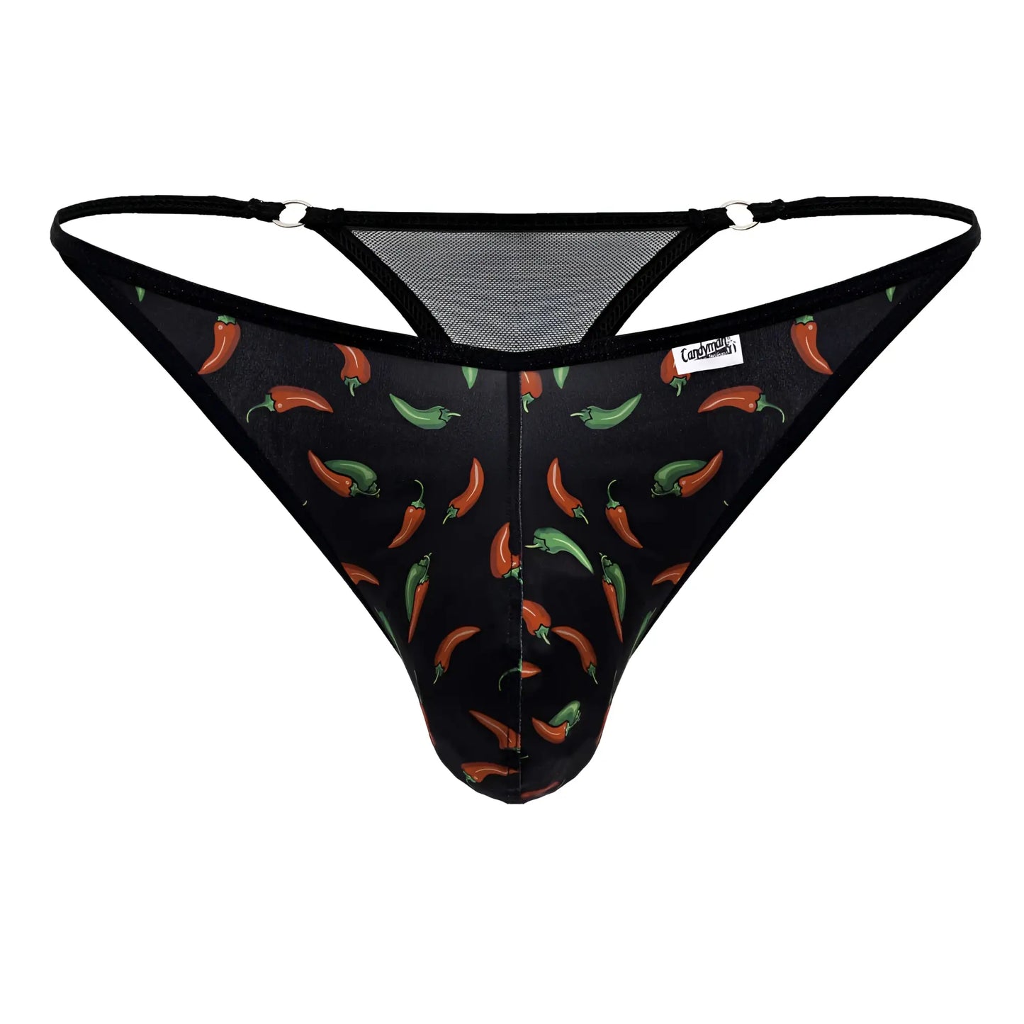 Black candyMan 99875 chili pepper thong with red and green chili print and mesh panels on the back