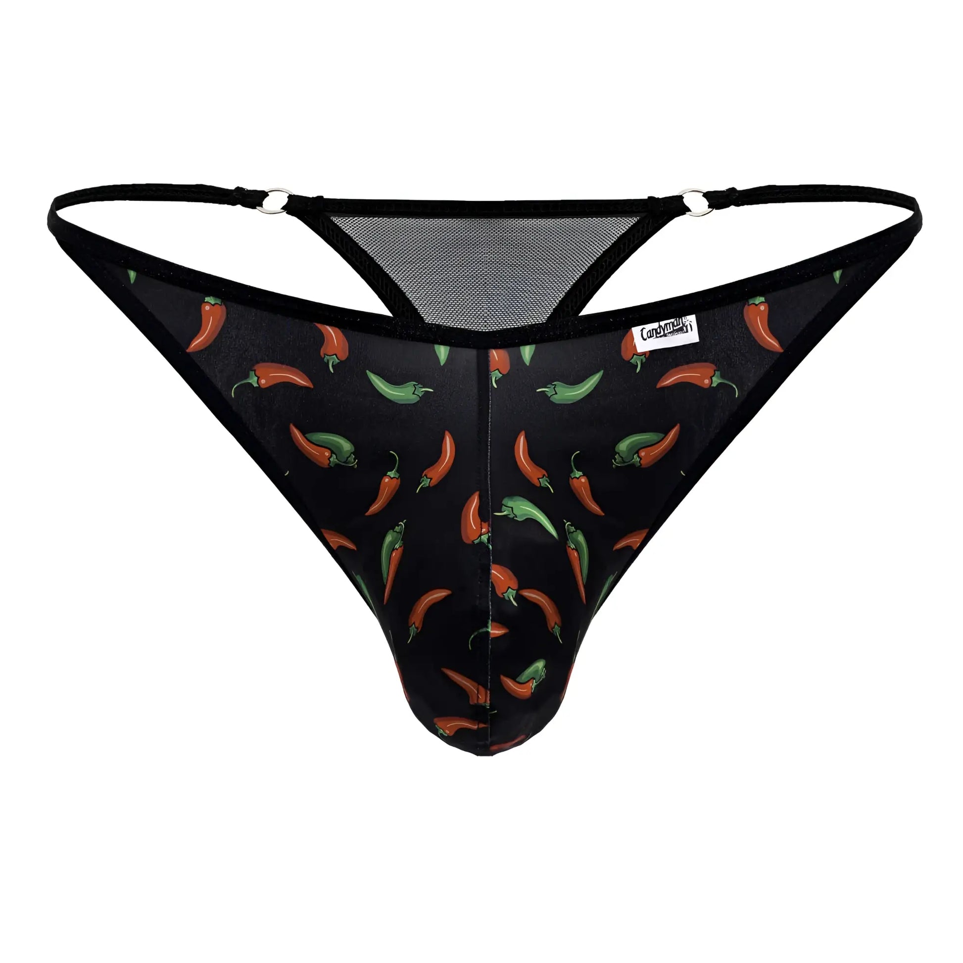 Black candyMan 99875 chili pepper thong with red and green chili print and mesh panels on the back