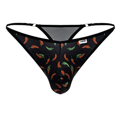 Black candyMan 99875 chili pepper thong with red and green chili print and mesh panels on the back
