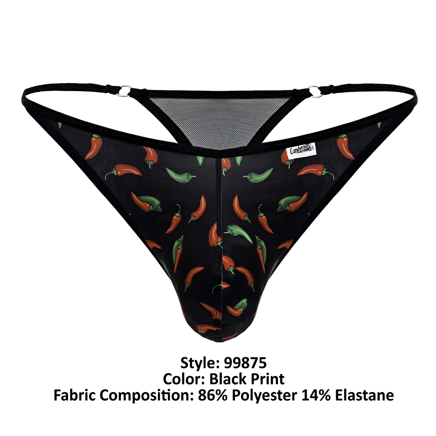 Black candyMan 99875 thong with red and green chili pepper print black elastic straps and mesh back detailing
