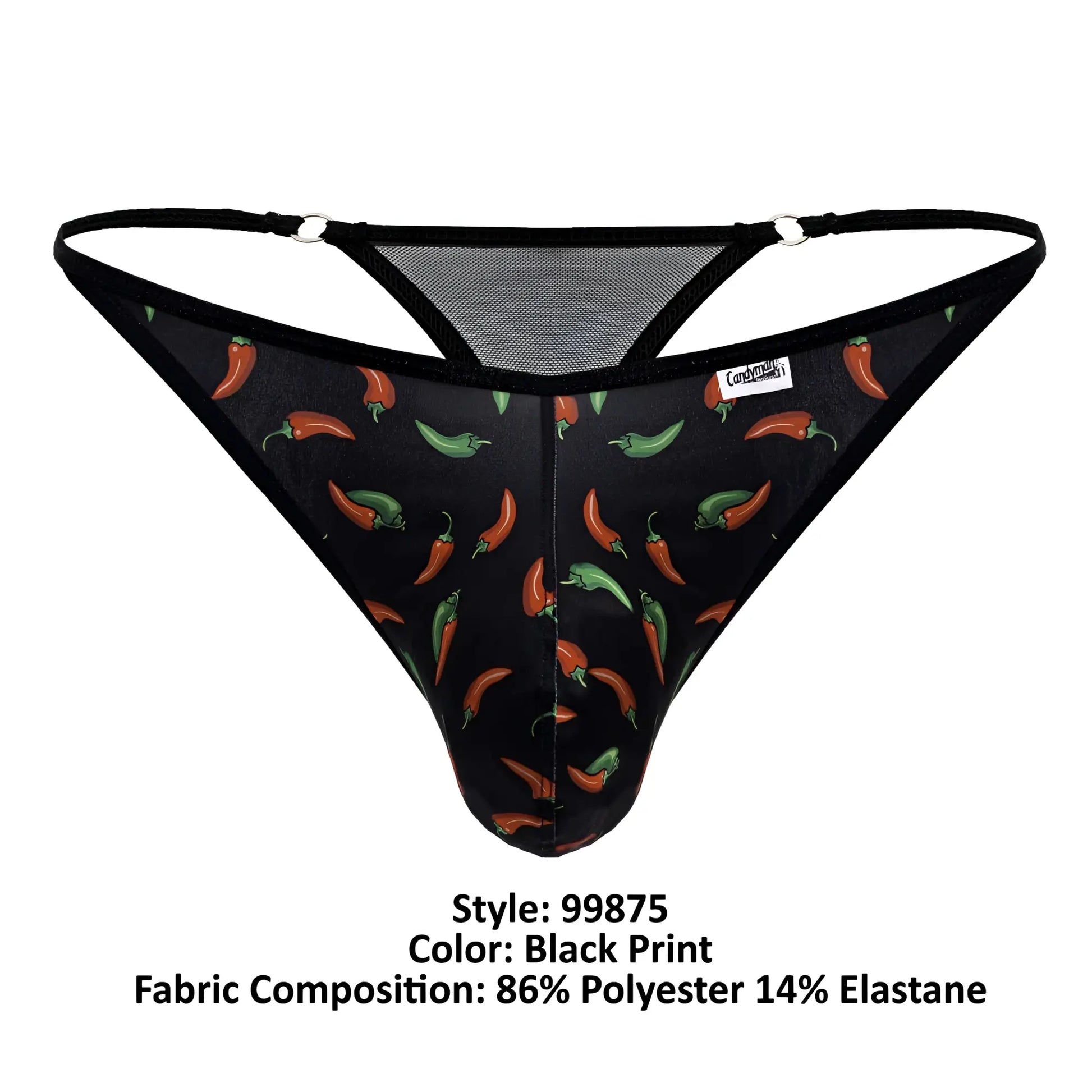 Black candyMan 99875 thong with red and green chili pepper print black elastic straps and mesh back detailing