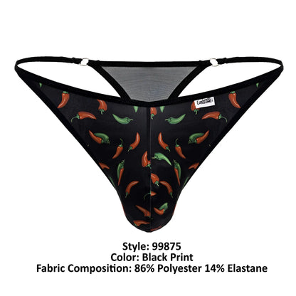 Black candyMan 99875 thong with red and green chili pepper print black elastic straps and mesh back detailing