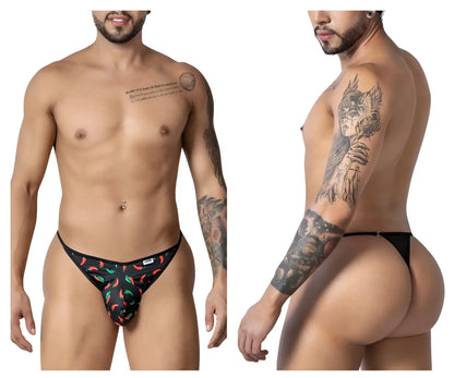Black thong from CandyMan 99875 featuring a chili pepper print with red and green peppers on black fabric