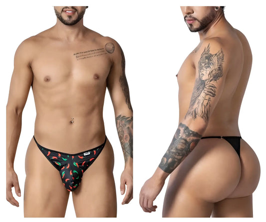Black thong from CandyMan 99875 featuring a chili pepper print with red and green peppers on black fabric