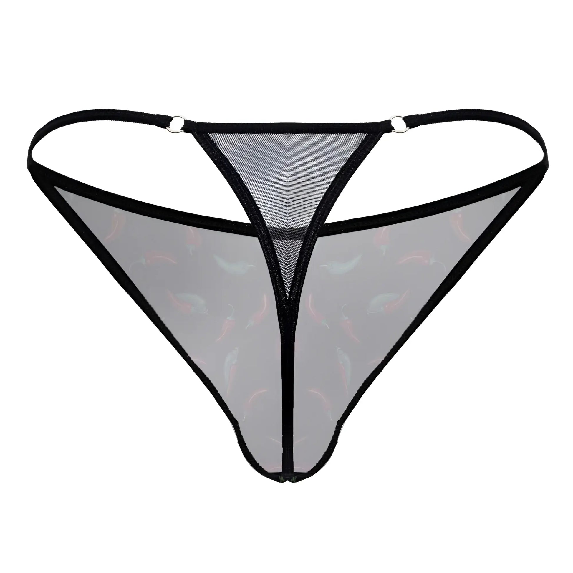Black trimmed sheer mesh thong with subtle pink and gray fish pattern from candyman 99875 chili pepper thongs