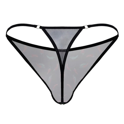 Black trimmed sheer mesh thong with subtle pink and gray fish pattern from candyman 99875 chili pepper thongs