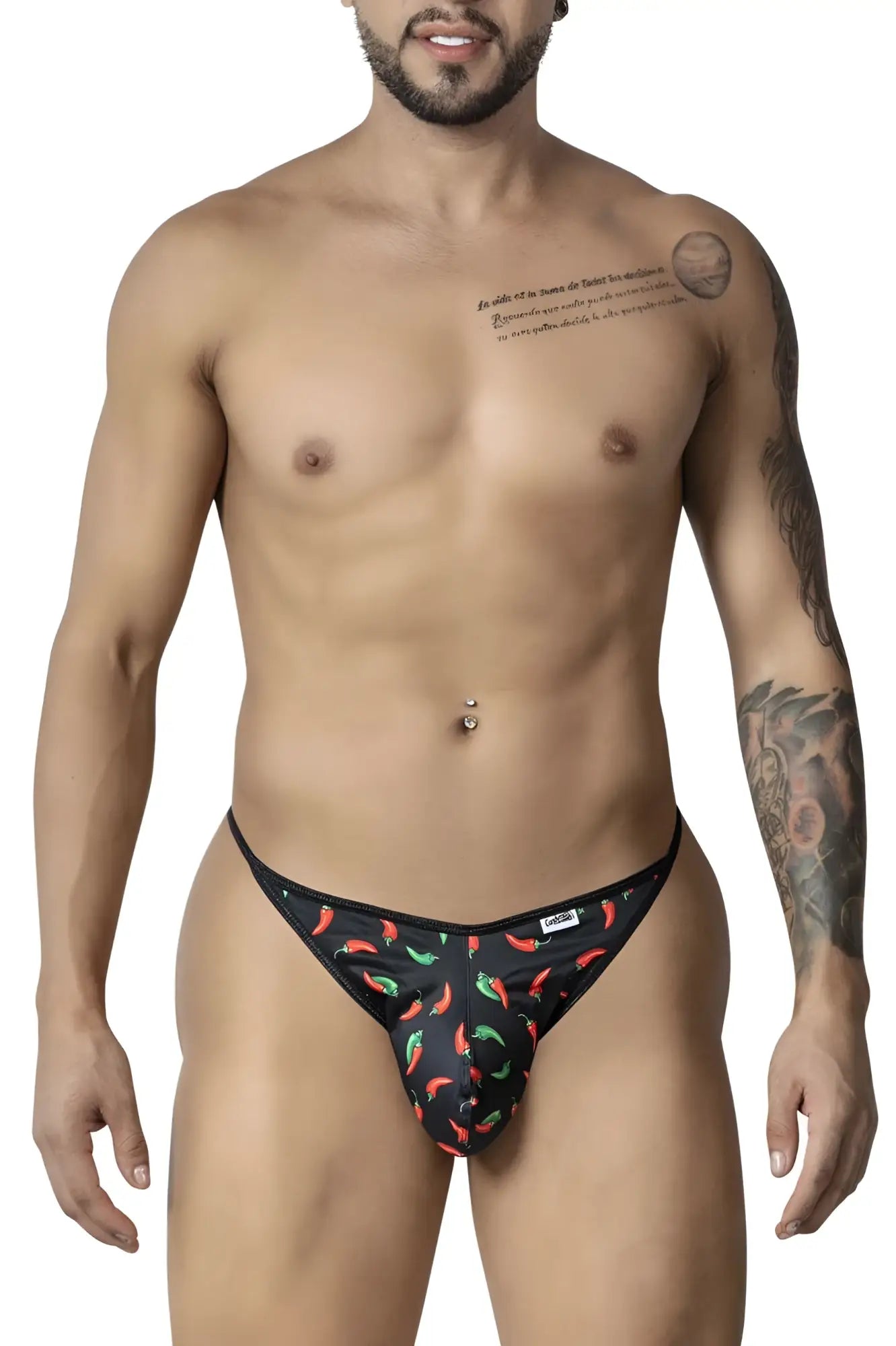 Black candyMan 99875 briefs with a vibrant red and green chili pepper print for a bold stylish look