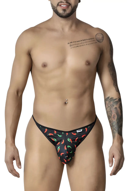 Black candyMan 99875 briefs with a vibrant red and green chili pepper print for a bold stylish look