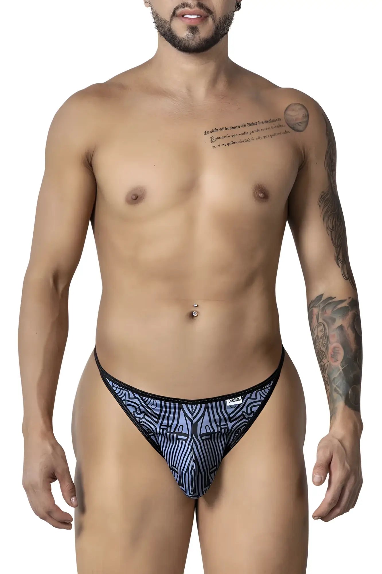 CandyMan 99875 Egyptian thongs in gray and black with a blue and black geometric pattern for men
