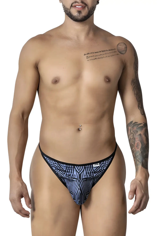CandyMan 99875 Egyptian thongs in gray and black with a blue and black geometric pattern for men
