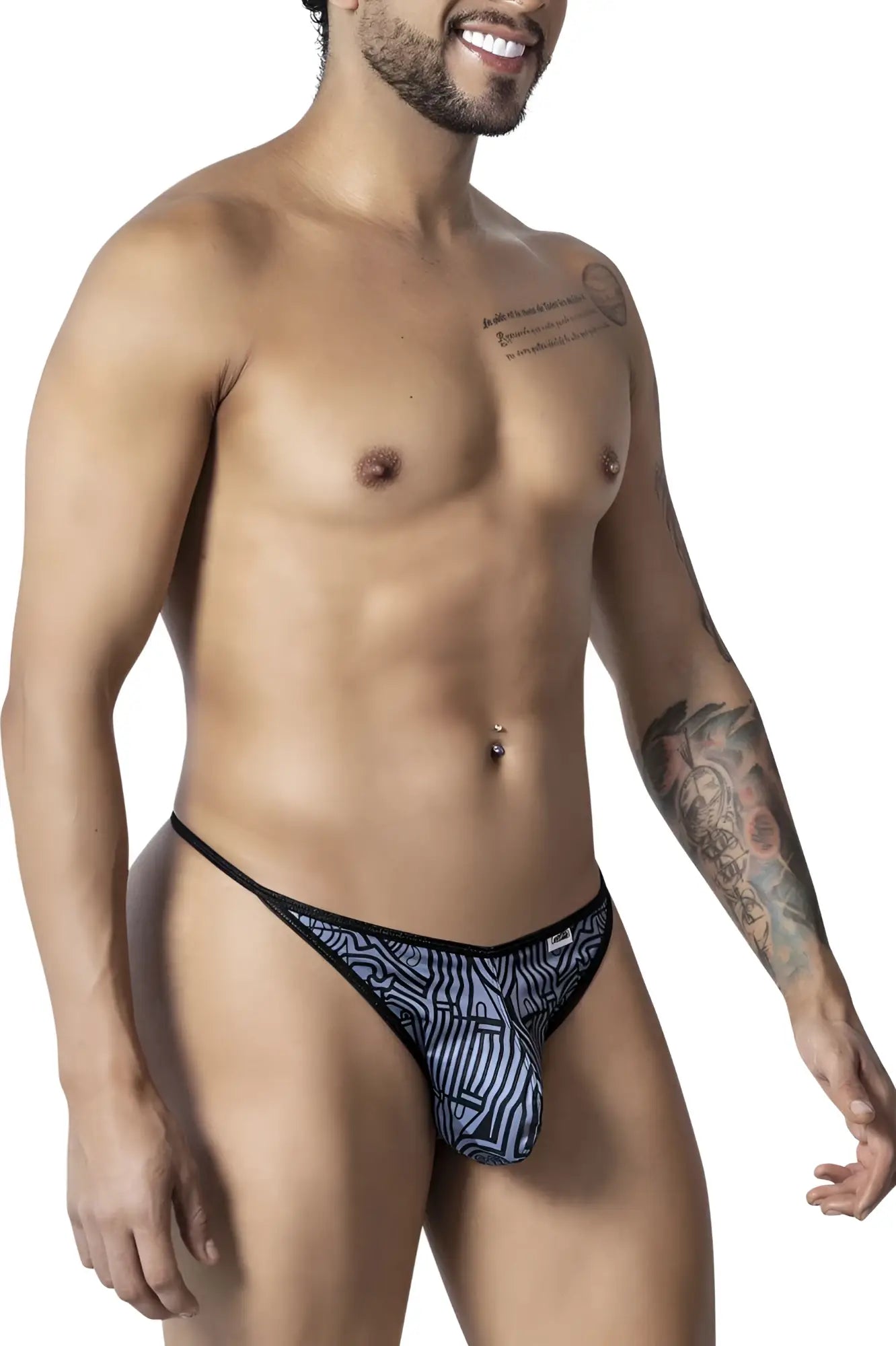 CandyMan 99875 Egyptian thong in gray black with a bold blue and black patterned abstract design for men
