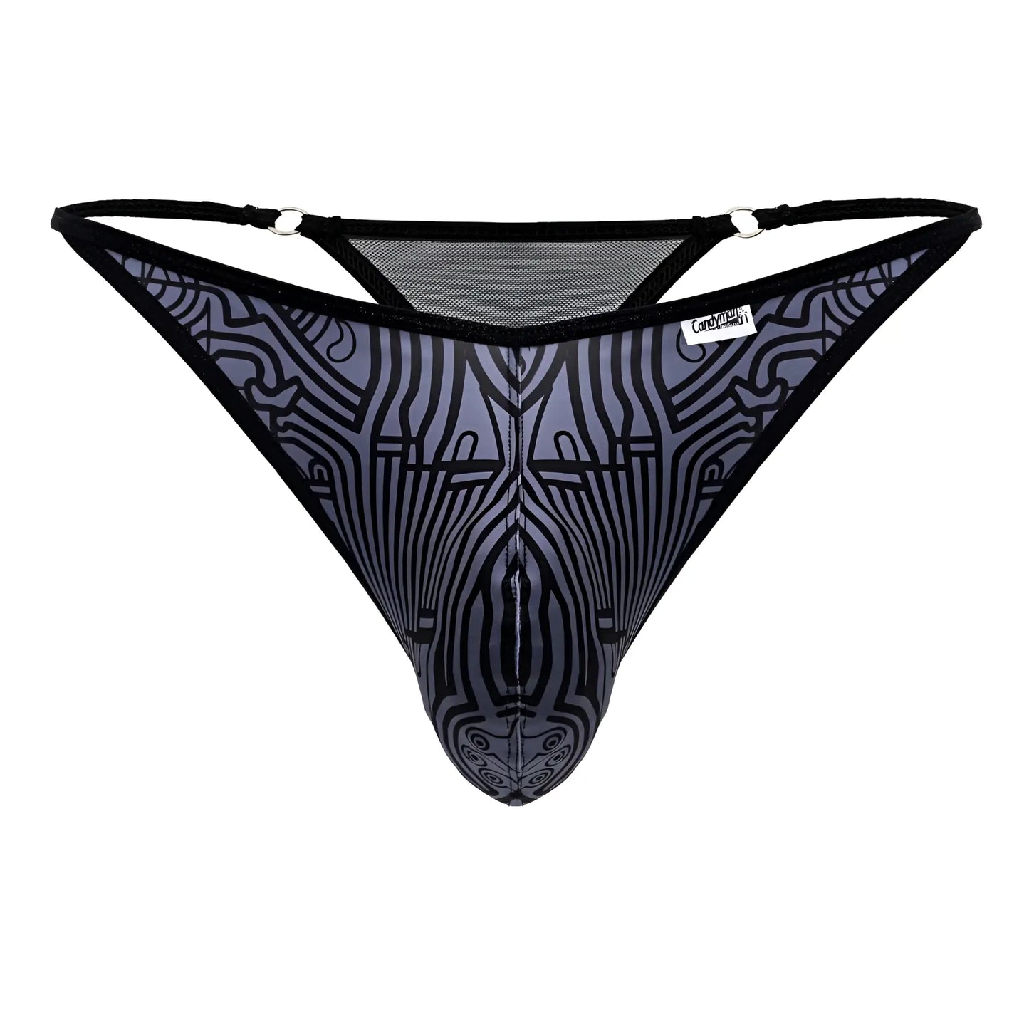 CandyMan 99875 Egyptian thong black and gray patterned mesh with an abstract symmetrical face design