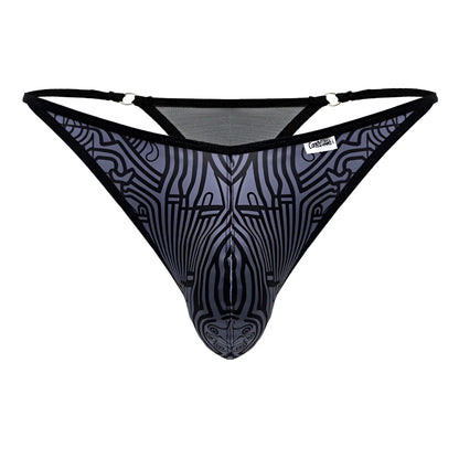 CandyMan 99875 Egyptian thong black and gray patterned mesh with an abstract symmetrical face design