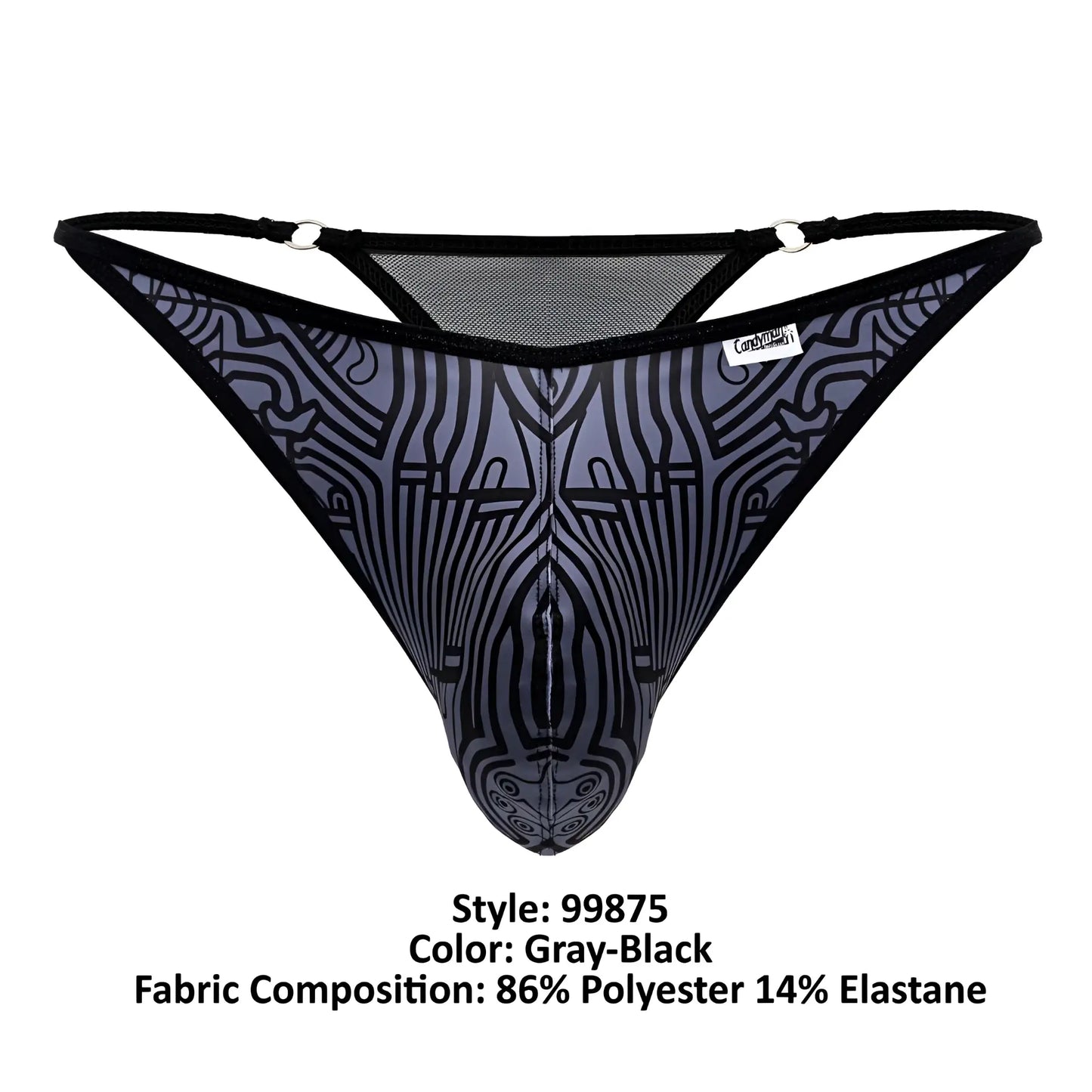 Gray-black patterned mesh CandyMan 99875 Egyptian thong with black trim and stylized zebra design