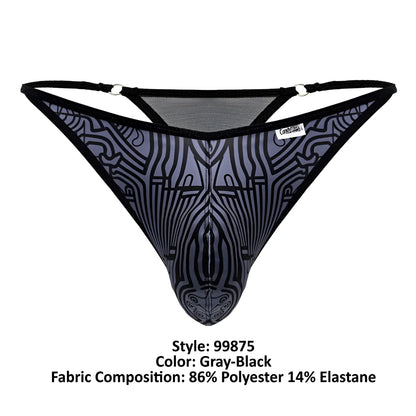 Gray-black patterned mesh CandyMan 99875 Egyptian thong with black trim and stylized zebra design