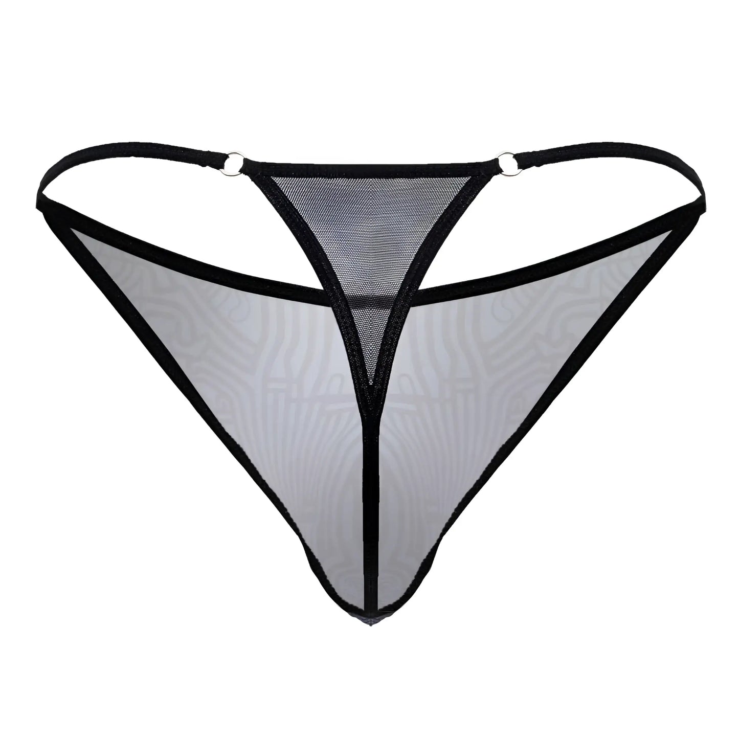 CandyMan 99875 Egyptian thong gray-black sheer mesh with black trim gray pattern and metallic ring attachments