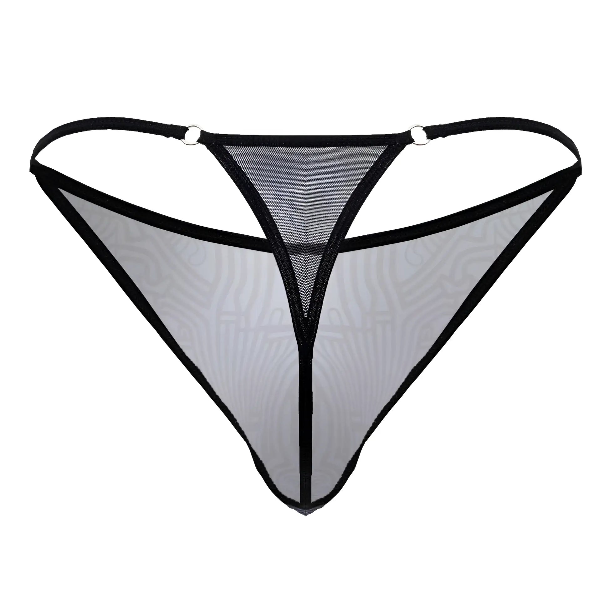 CandyMan 99875 Egyptian thong gray-black sheer mesh with black trim gray pattern and metallic ring attachments