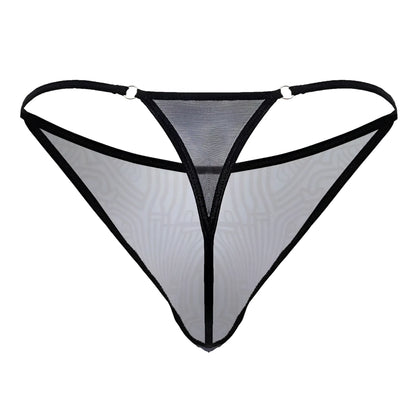CandyMan 99875 Egyptian thong gray-black sheer mesh with black trim gray pattern and metallic ring attachments