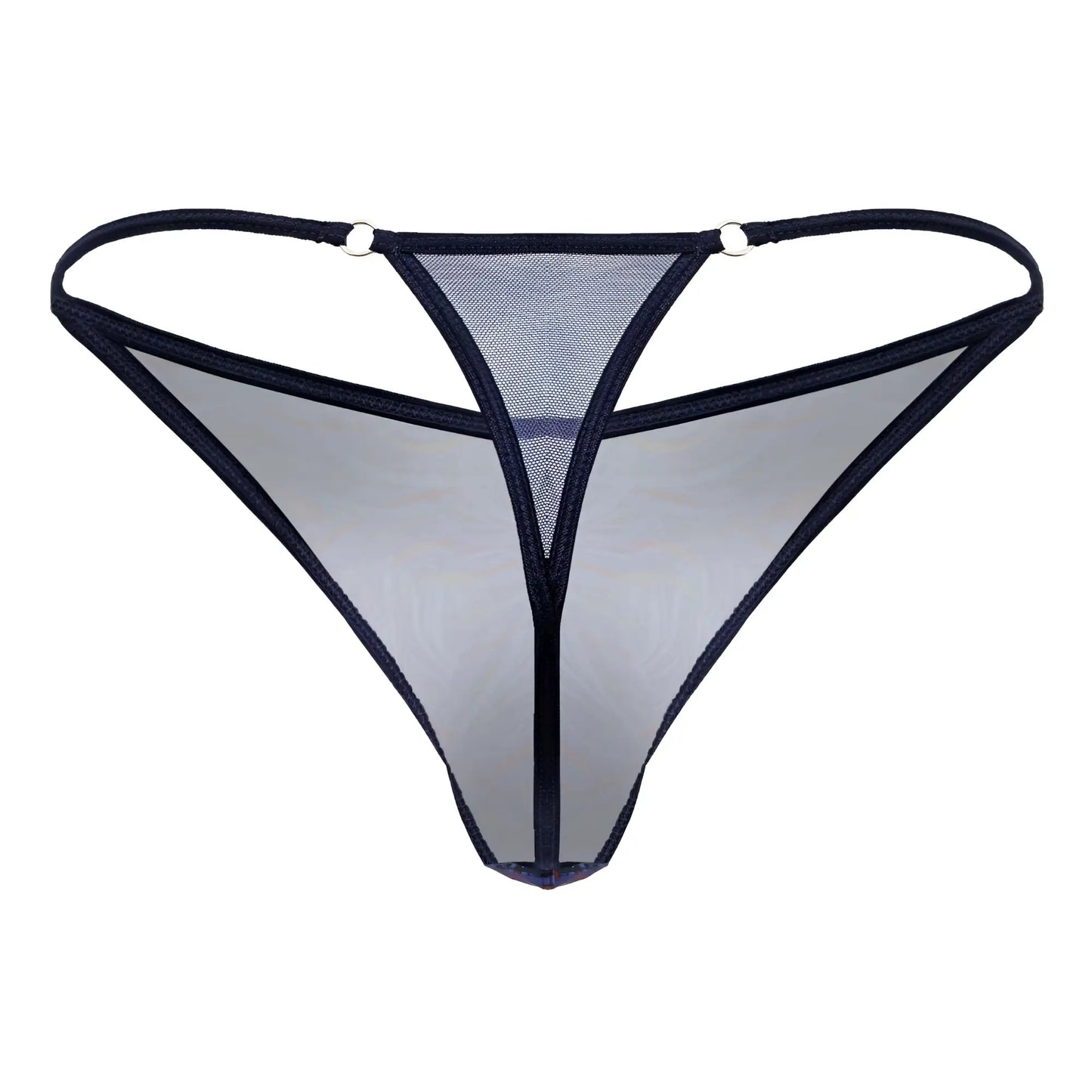 Black mesh candyMan 99875 seawater thong with sheer multicolor print and reinforced edges, front view