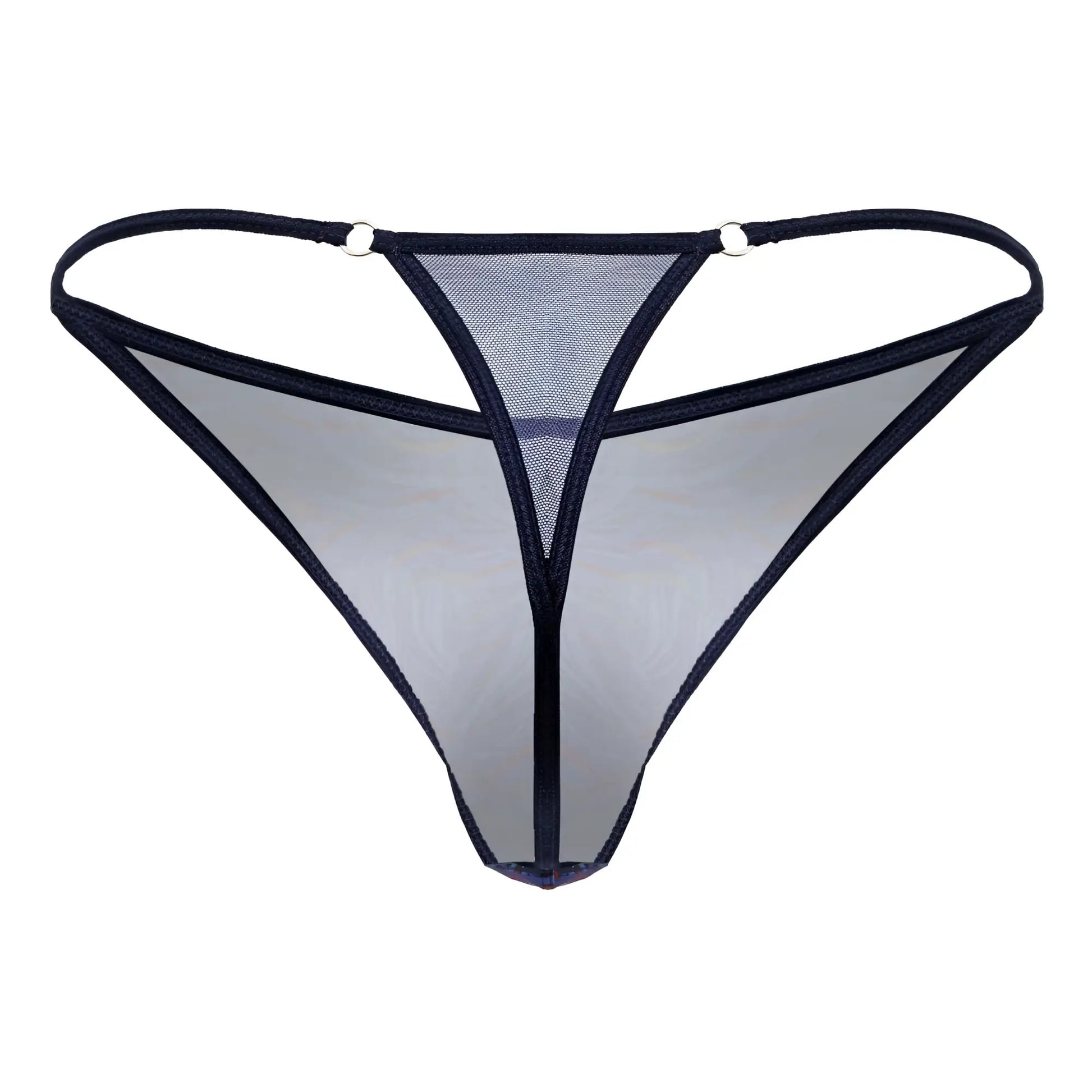 Black mesh candyMan 99875 seawater thong with sheer multicolor print and reinforced edges, front view