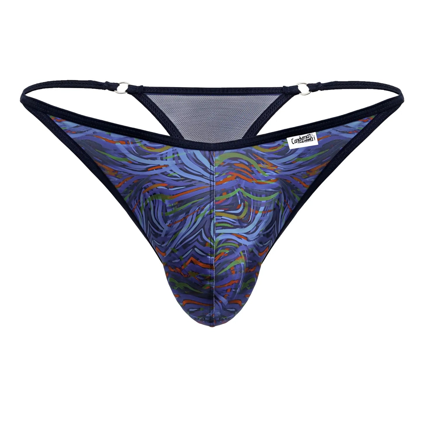 CandyMan 99875 Seawater thong with blue and green abstract print black trim and mesh backband shown from back side