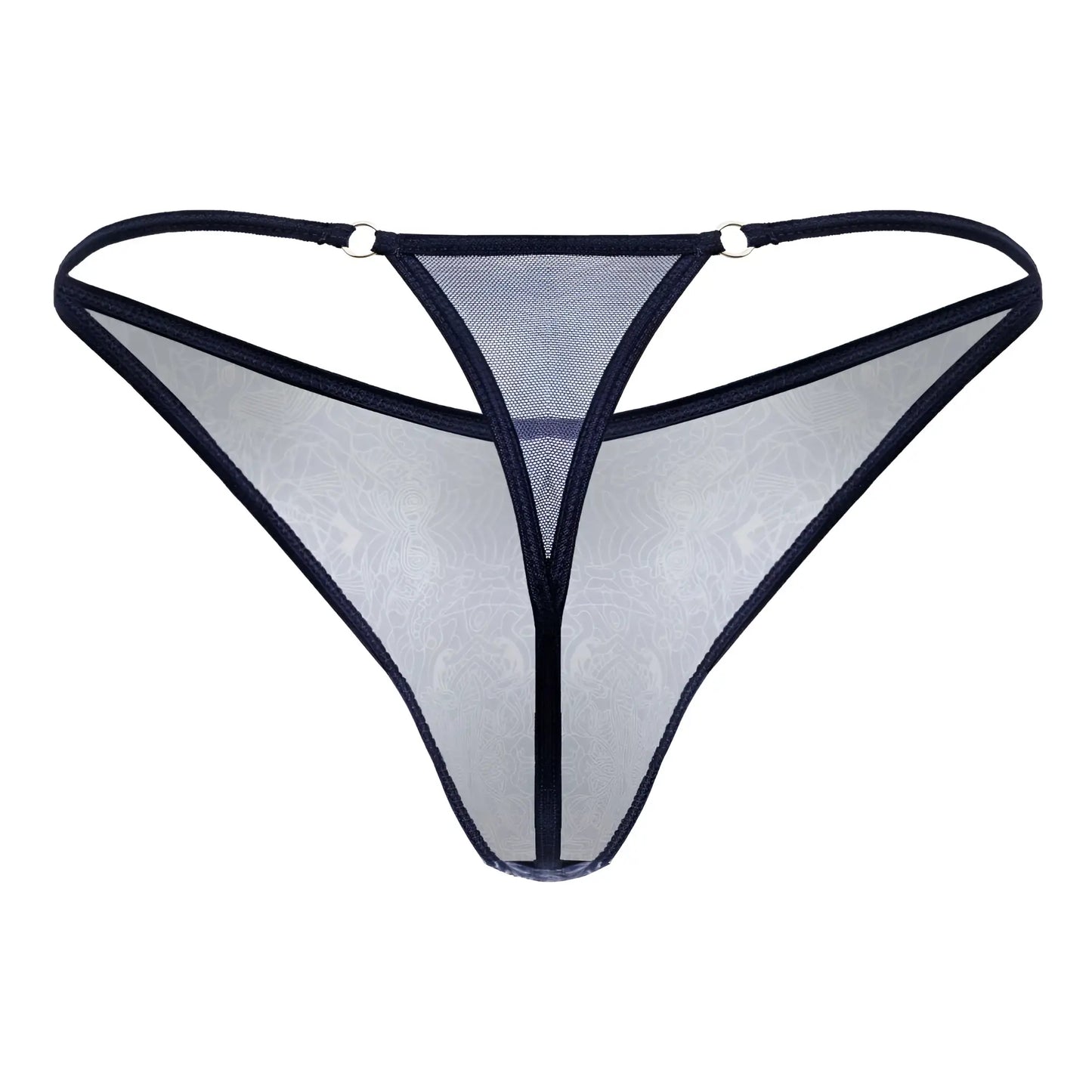 CandyMan 99875 sheer mesh thong with black trim and subtle floral pattern in blue and white shown from back