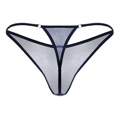 CandyMan 99875 sheer mesh thong with black trim and subtle floral pattern in blue and white shown from back