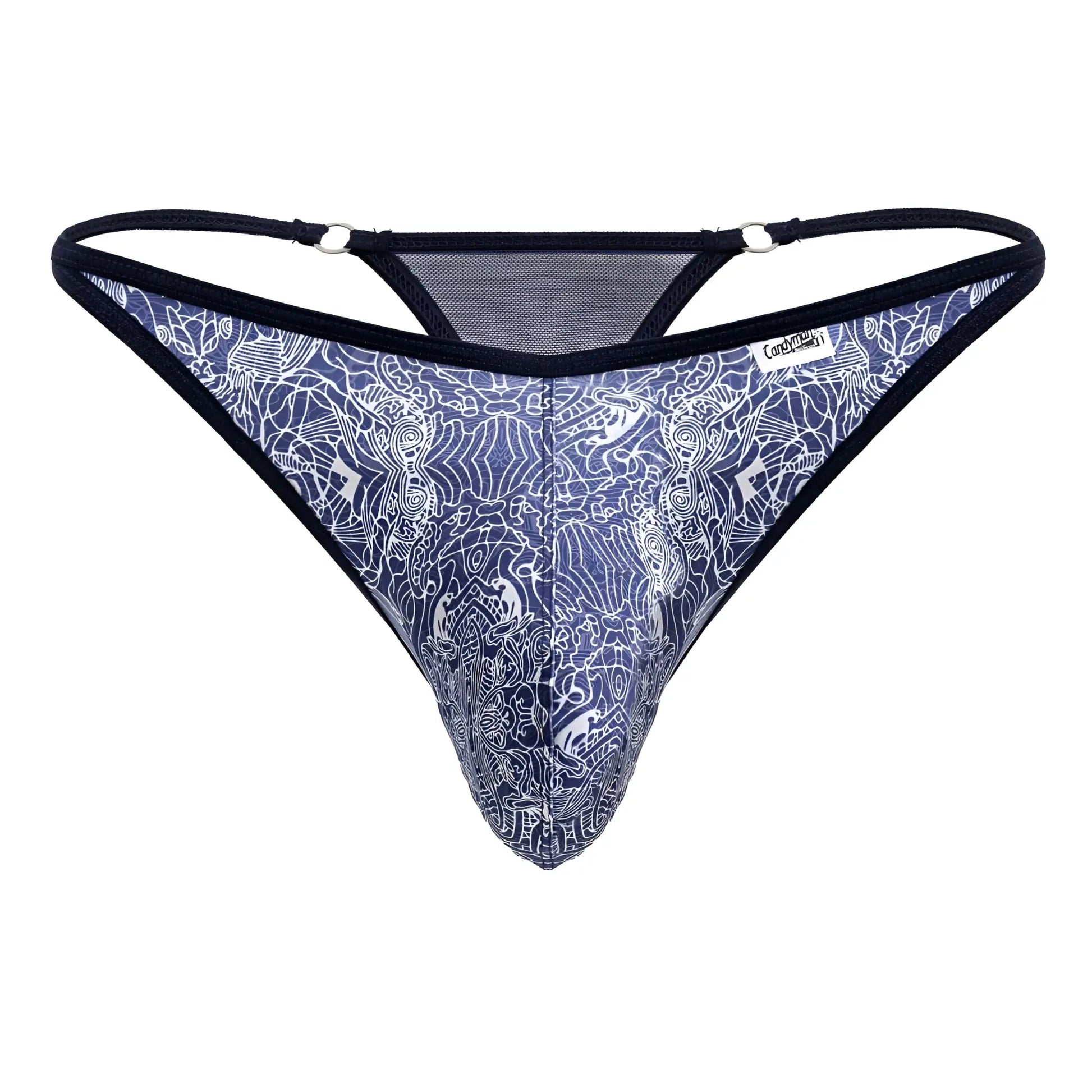 Blue and white patterned thong with black trim from candyman 99875 water prints collection shown from the back side