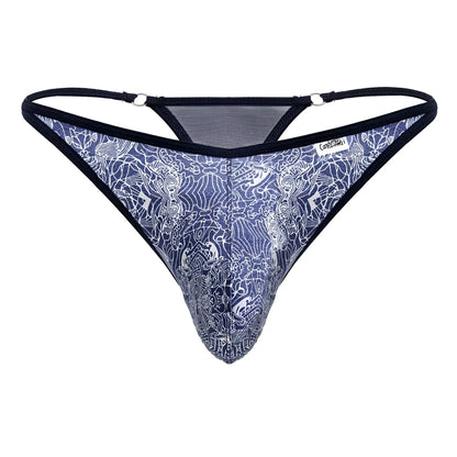 Blue and white patterned thong with black trim from candyman 99875 water prints collection shown from the back side