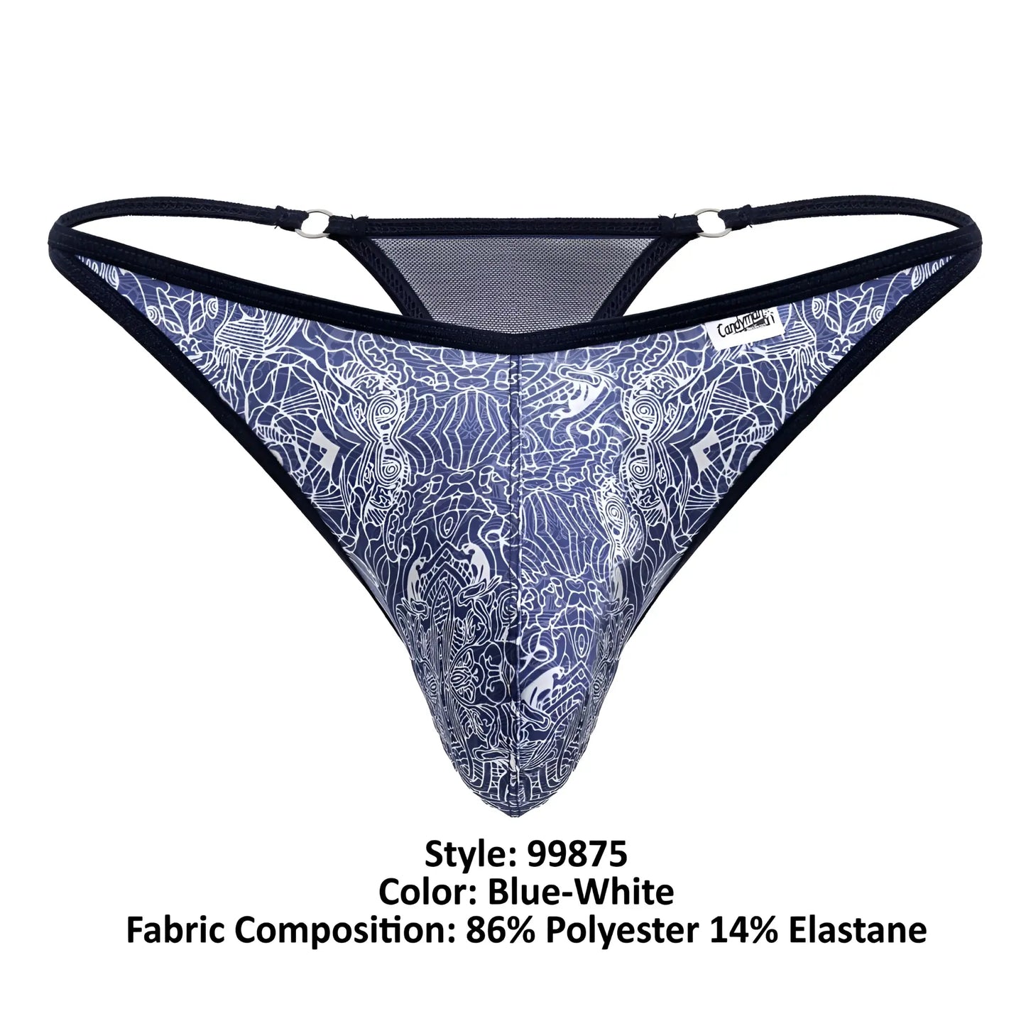 Blue-white patterned CandyMan 99875 thong with intricate white line art, black elastic straps, and mesh back detailing