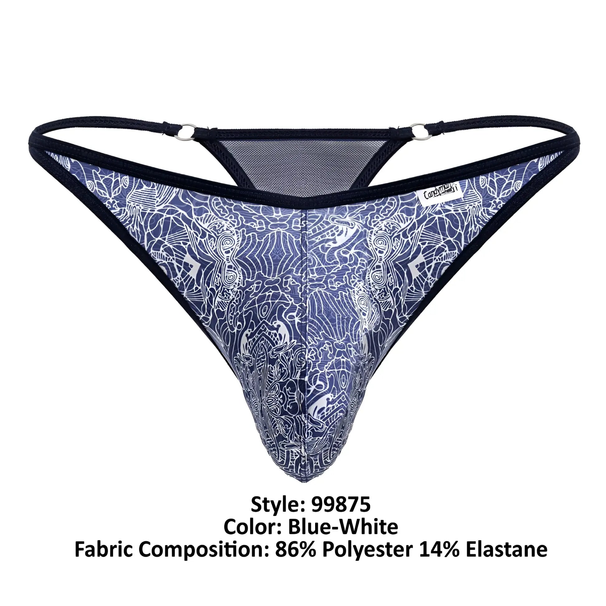 Blue-white patterned CandyMan 99875 thong with intricate white line art, black elastic straps, and mesh back detailing